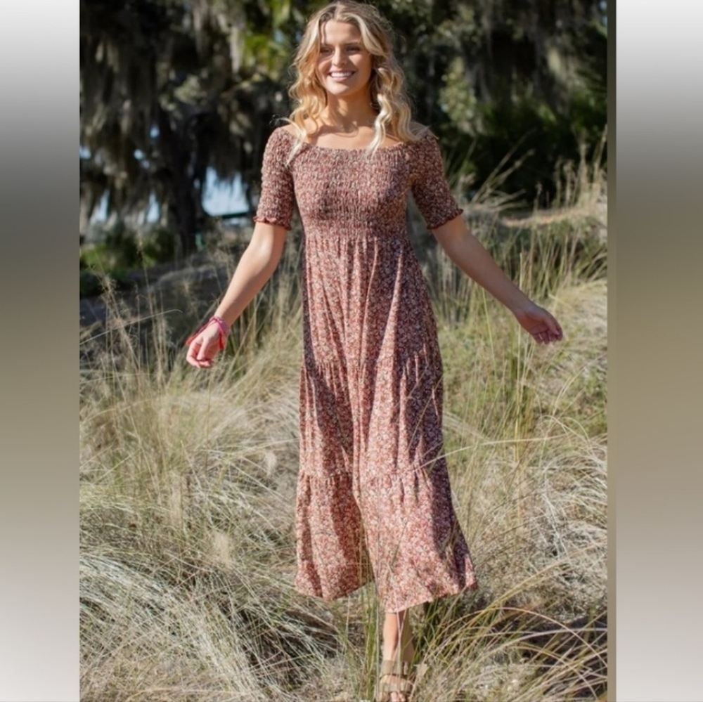 NATURAL LIFE Floral Maxi Dress in Brown and White